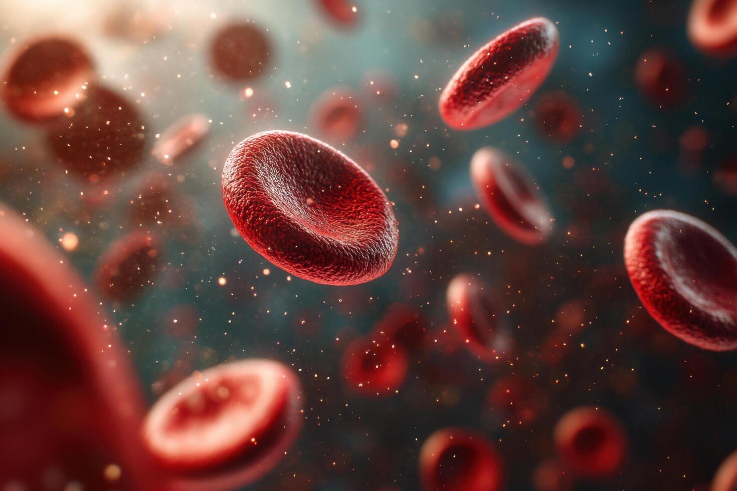 Close-Up View of Red Blood Cells in Motion with a Blurred Background and Sparkling Particles photo