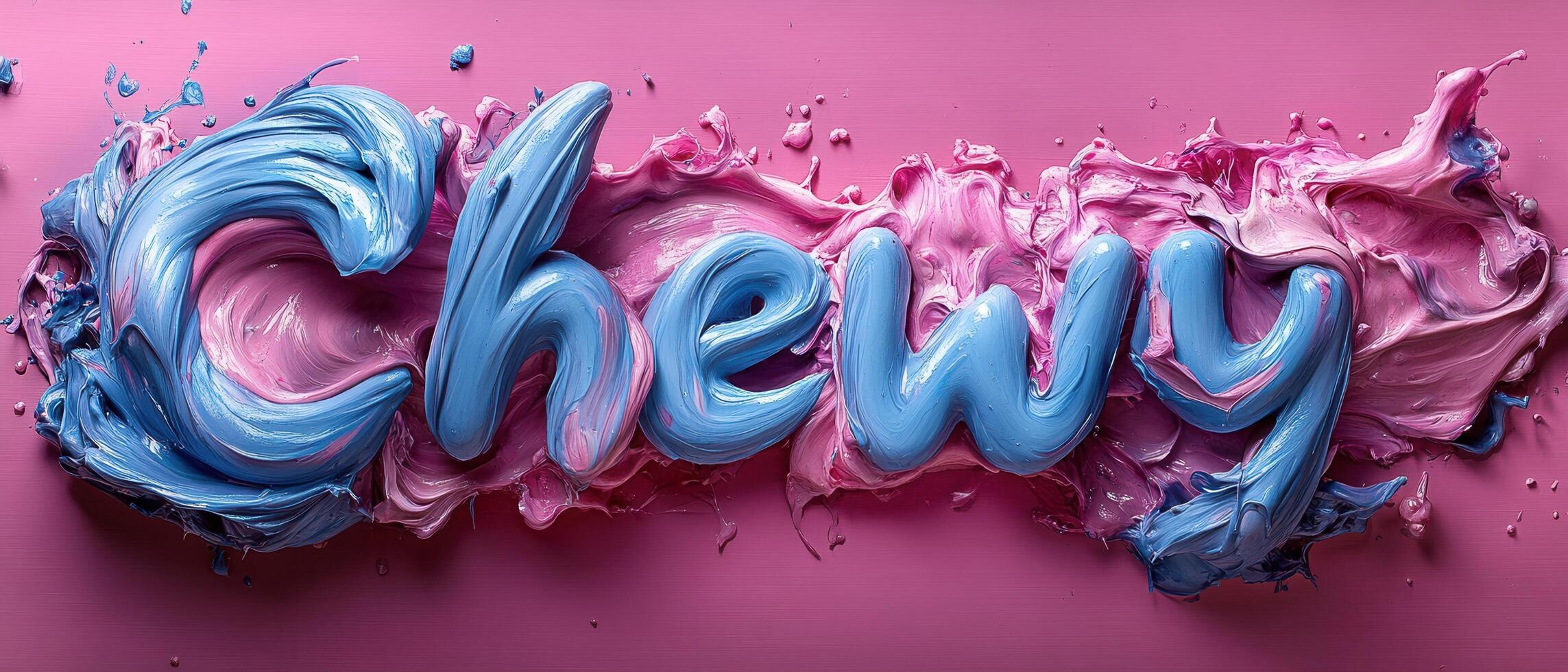 Vibrant and Artistic Chewy Text in Blue and Pink Paint on a Pink Background photo