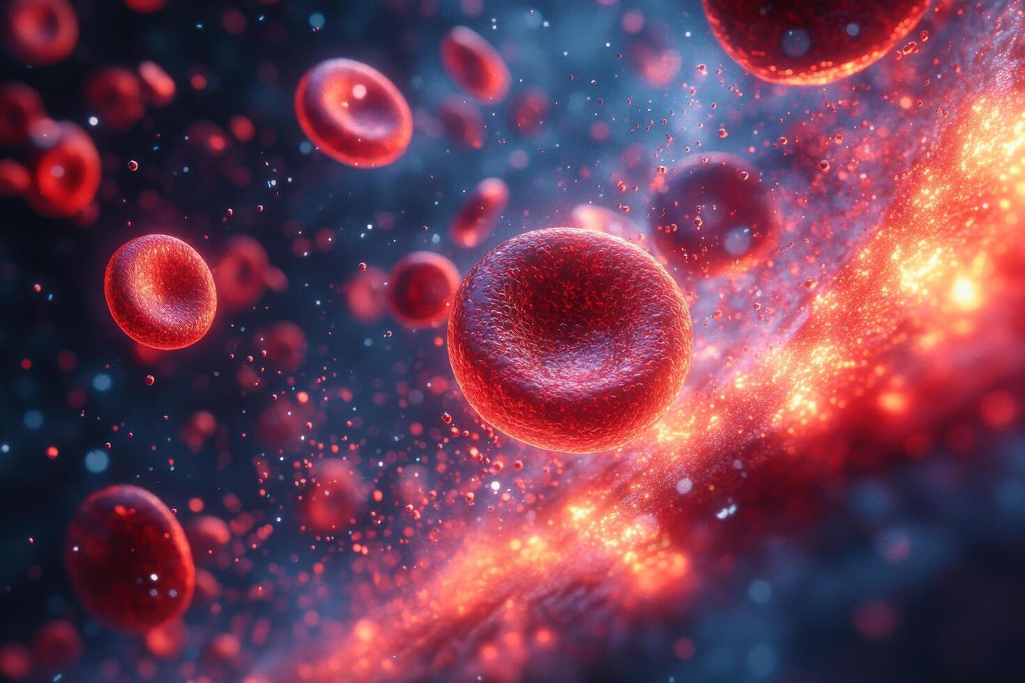 Close-up of Red Blood Cells in a Vivid, Dynamic, and Abstract Medical Illustration with a Futuristic Feel photo