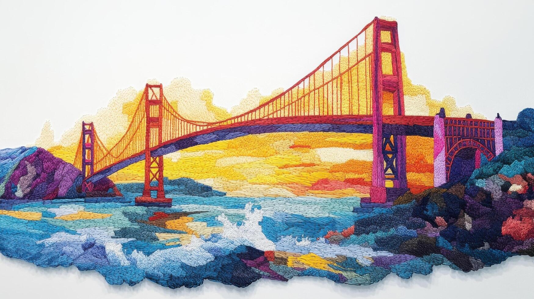 Vibrant Embroidered Golden Gate Bridge at Sunset with Colorful Sky and Ocean Waves photo