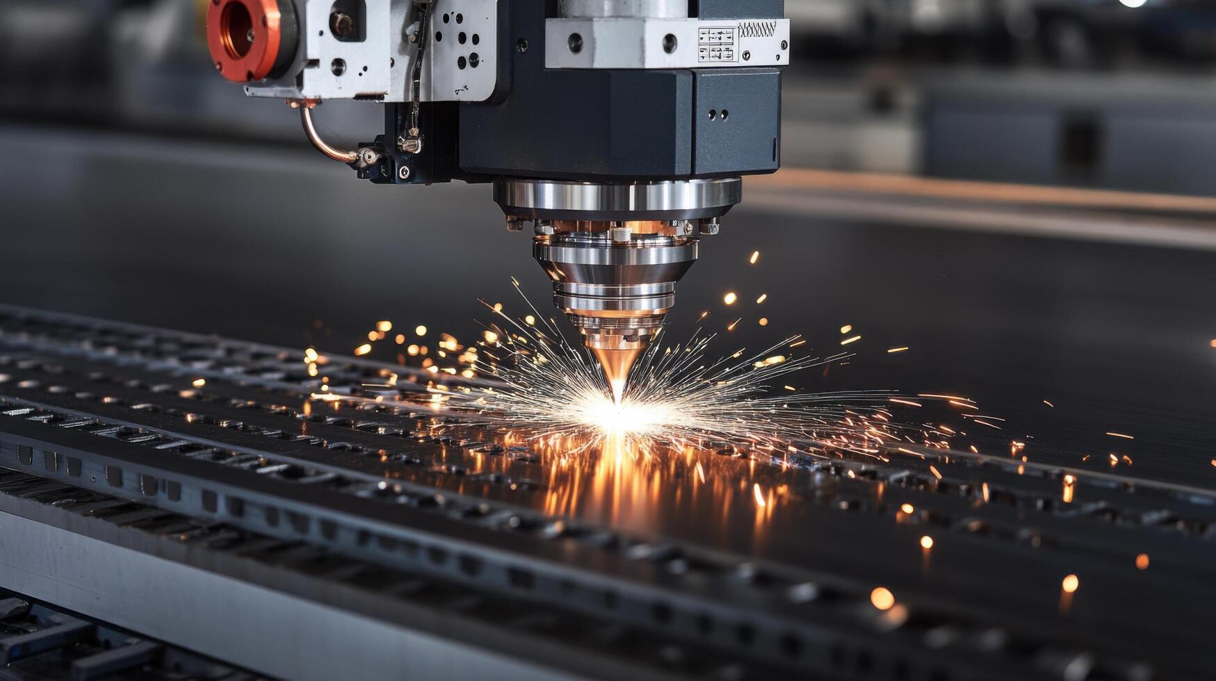 Industrial Laser Cutting Machine in Action with Sparks Flying in a Modern Manufacturing Facility photo