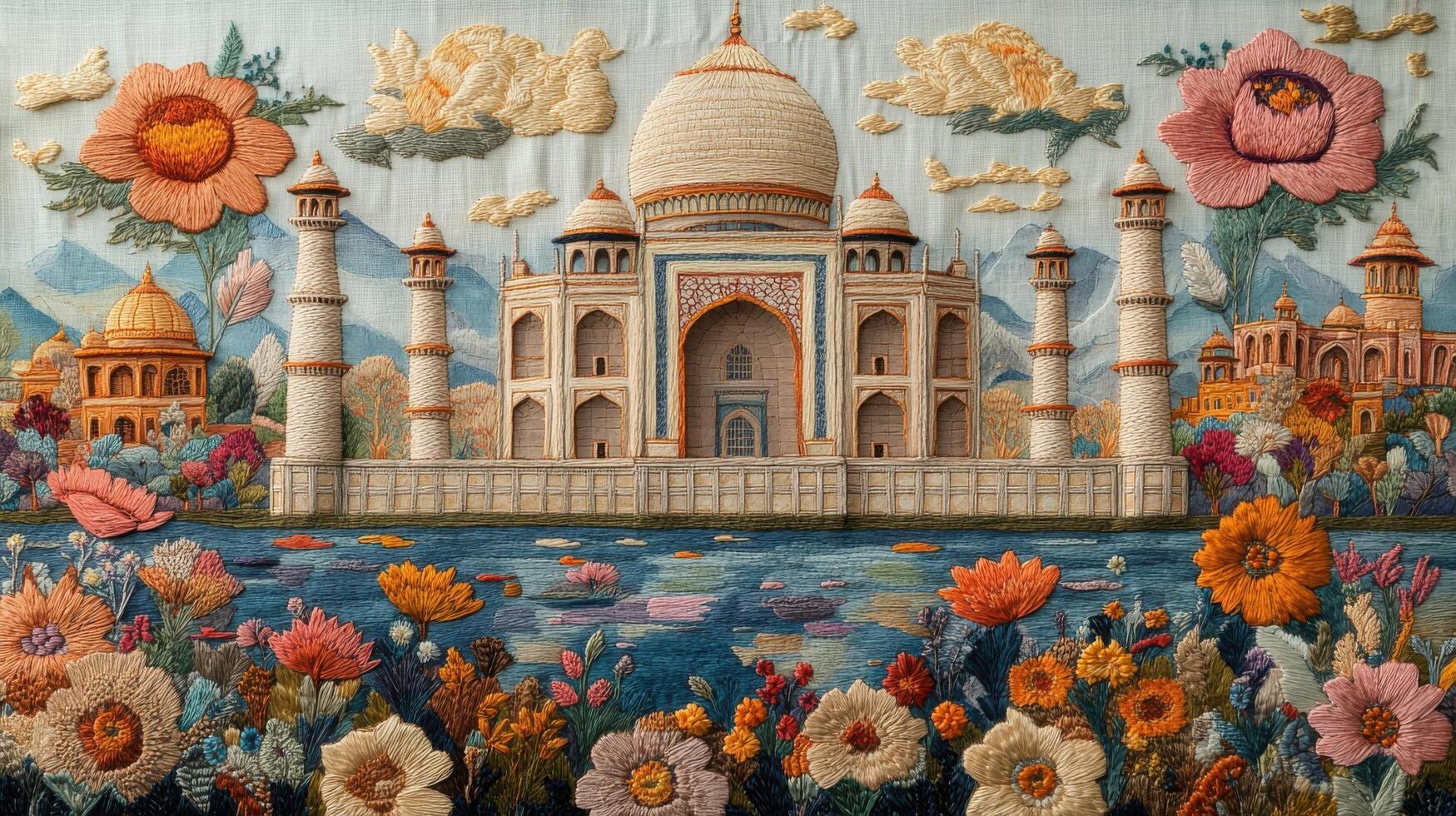 Intricate Embroidered Artwork of the Taj Mahal with Vibrant Flowers and Detailed Architectural Elements photo