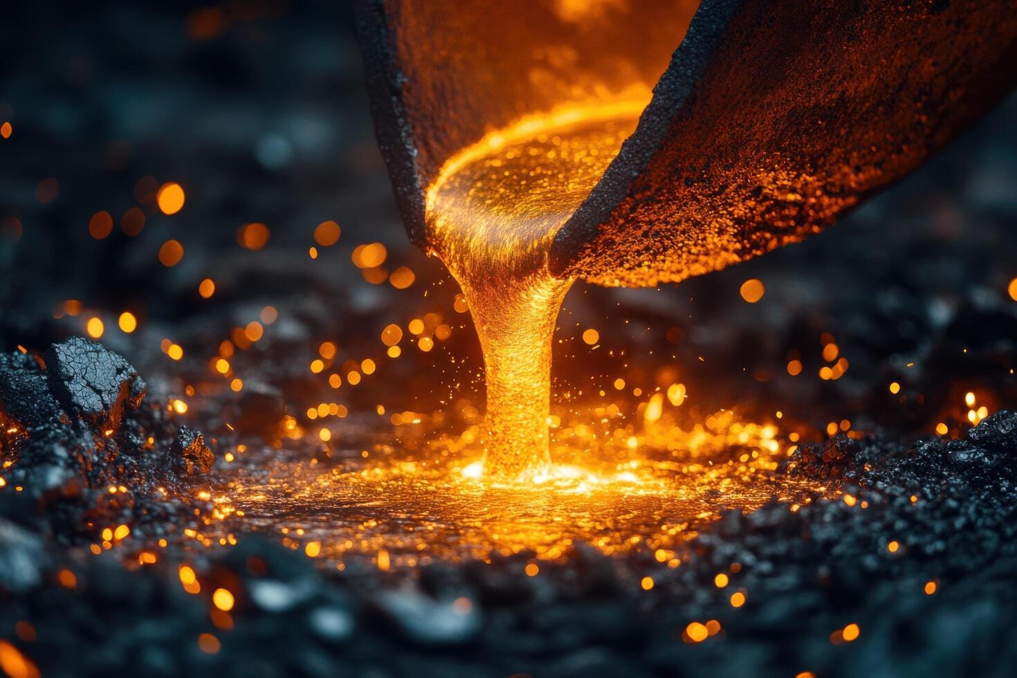 Molten Metal Pouring from Crucible in Foundry with Sparks Flying in Industrial Setting photo