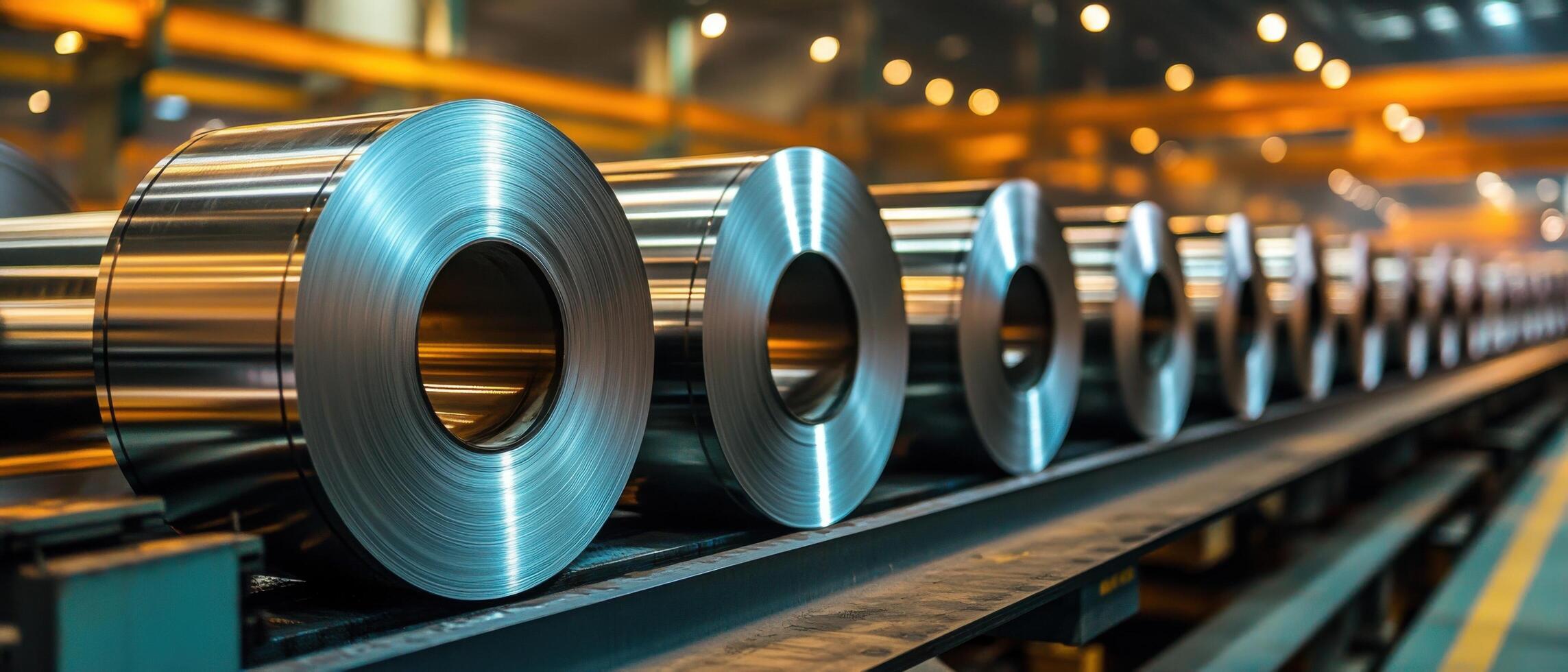 Industrial Steel Rolls in Factory Warehouse with Modern Machinery and Bright Lighting photo