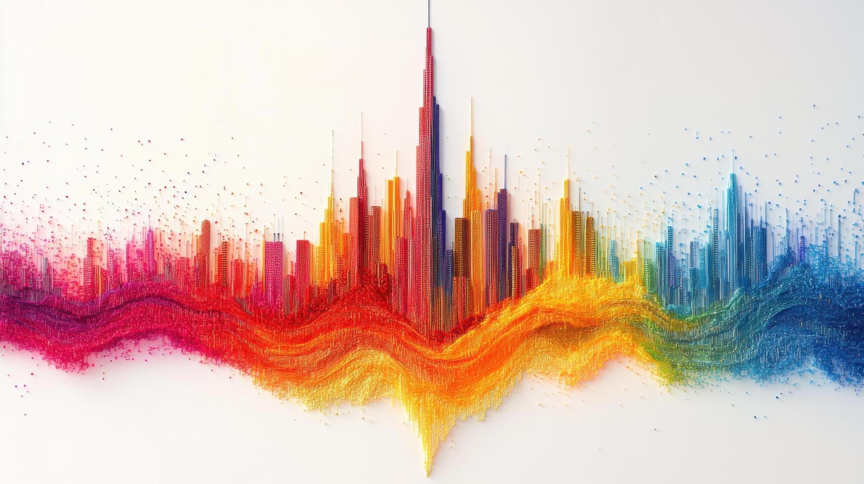 Colorful Abstract Cityscape with Vibrant Skyline and Modern Skyscrapers in Rainbow Hues on White Background photo