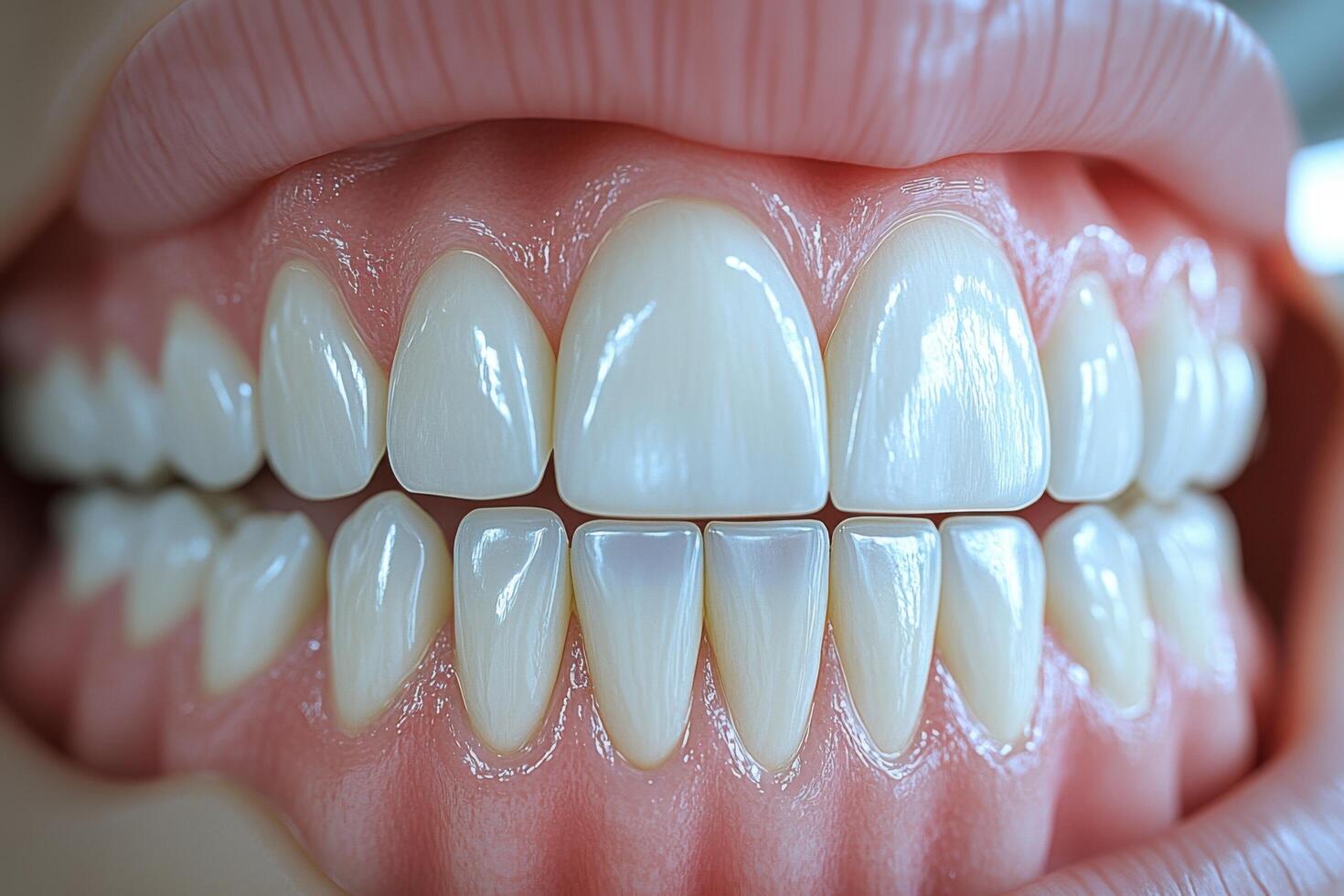 Close-Up of Perfectly Aligned White Teeth and Healthy Gums in a Smiling Mouth photo