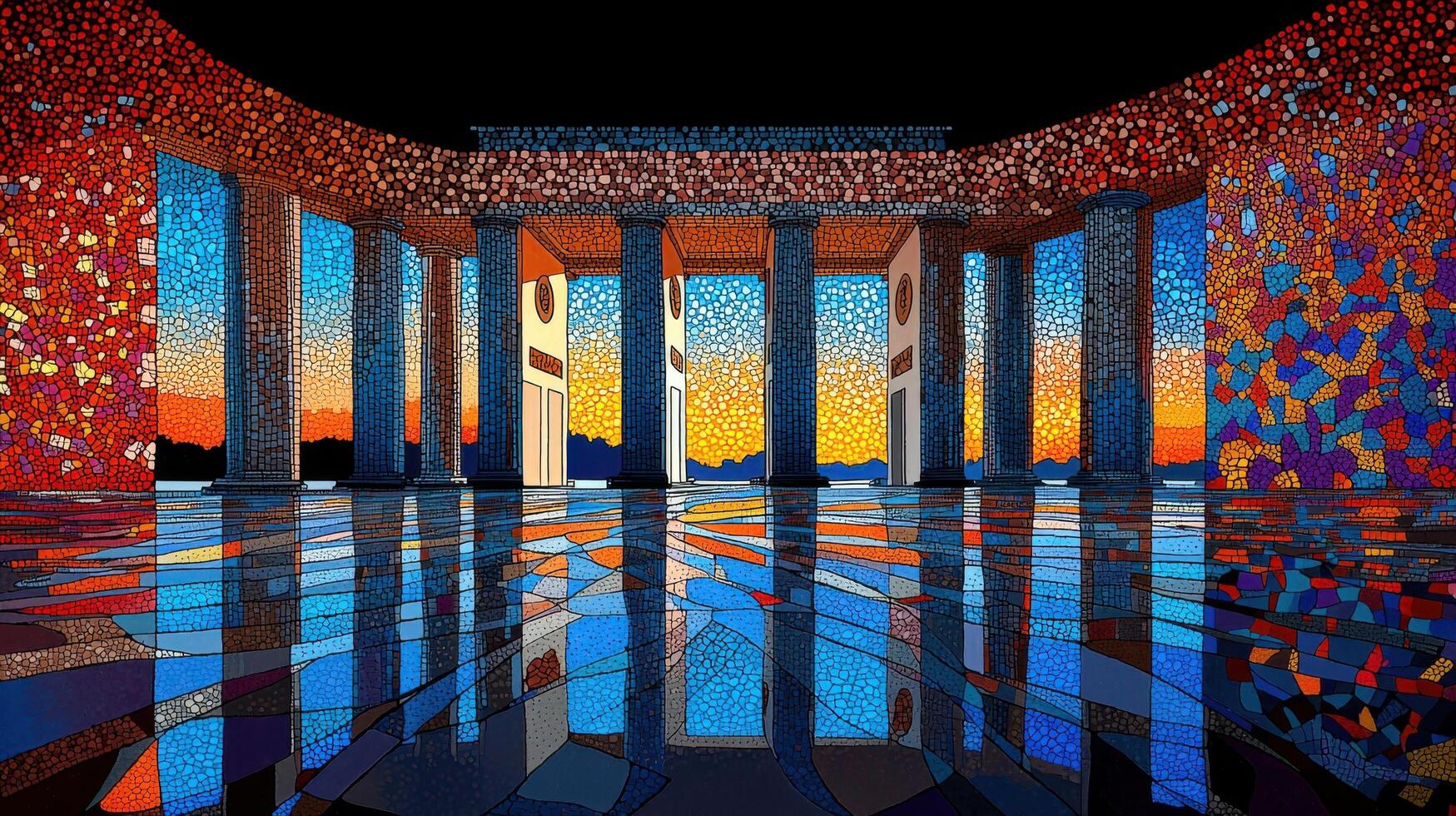 Stunning Mosaic Art Installation with Vibrant Colors and Reflective Floor at Sunset photo