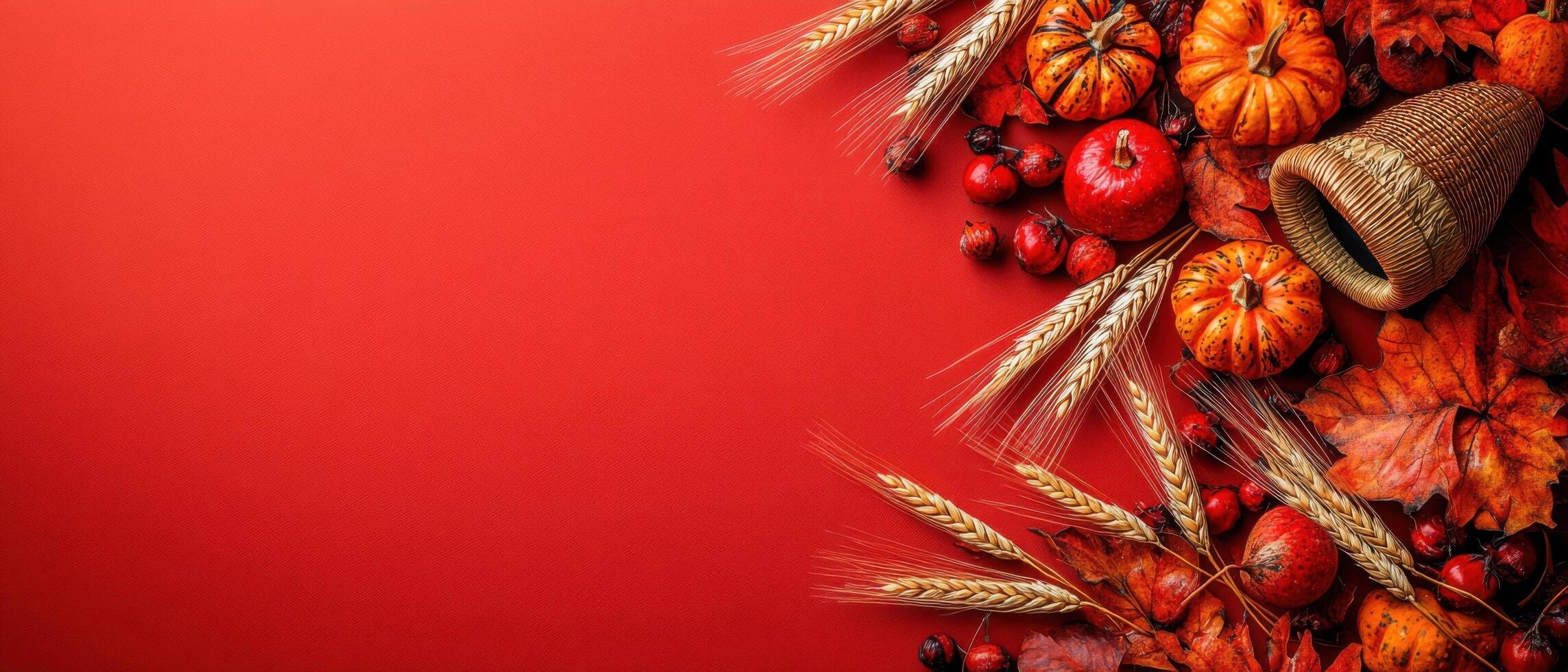 Autumn Harvest Background with Pumpkins, Wheat, and Leaves on Red Backdrop photo