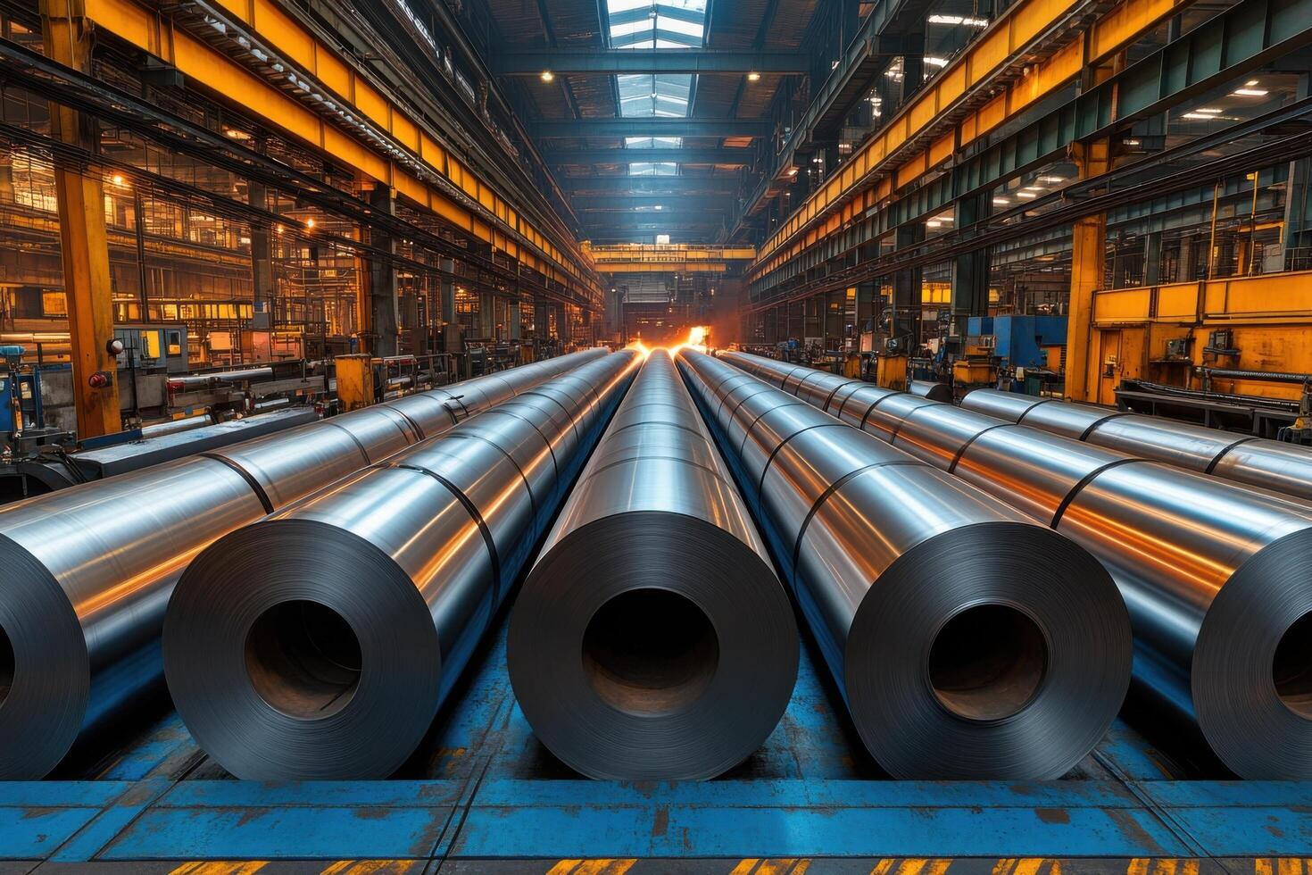 Industrial Steel Factory with Large Metal Rolls and Modern Machinery in a Spacious Warehouse photo