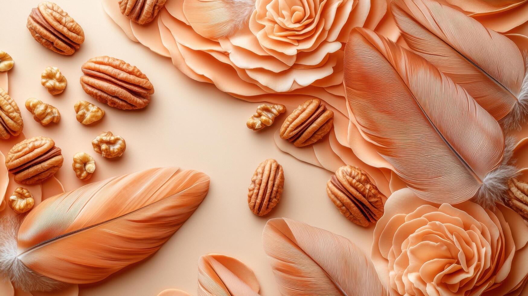Elegant Composition of Feathers, Flowers, and Nuts on a Soft Peach Background photo
