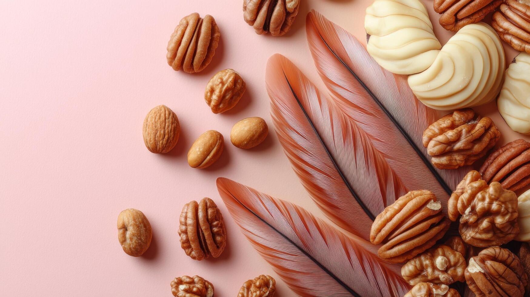 Assorted Nuts and Feathers on a Pastel Background - Creative Flat Lay Composition for Autumn and Nature Themes photo