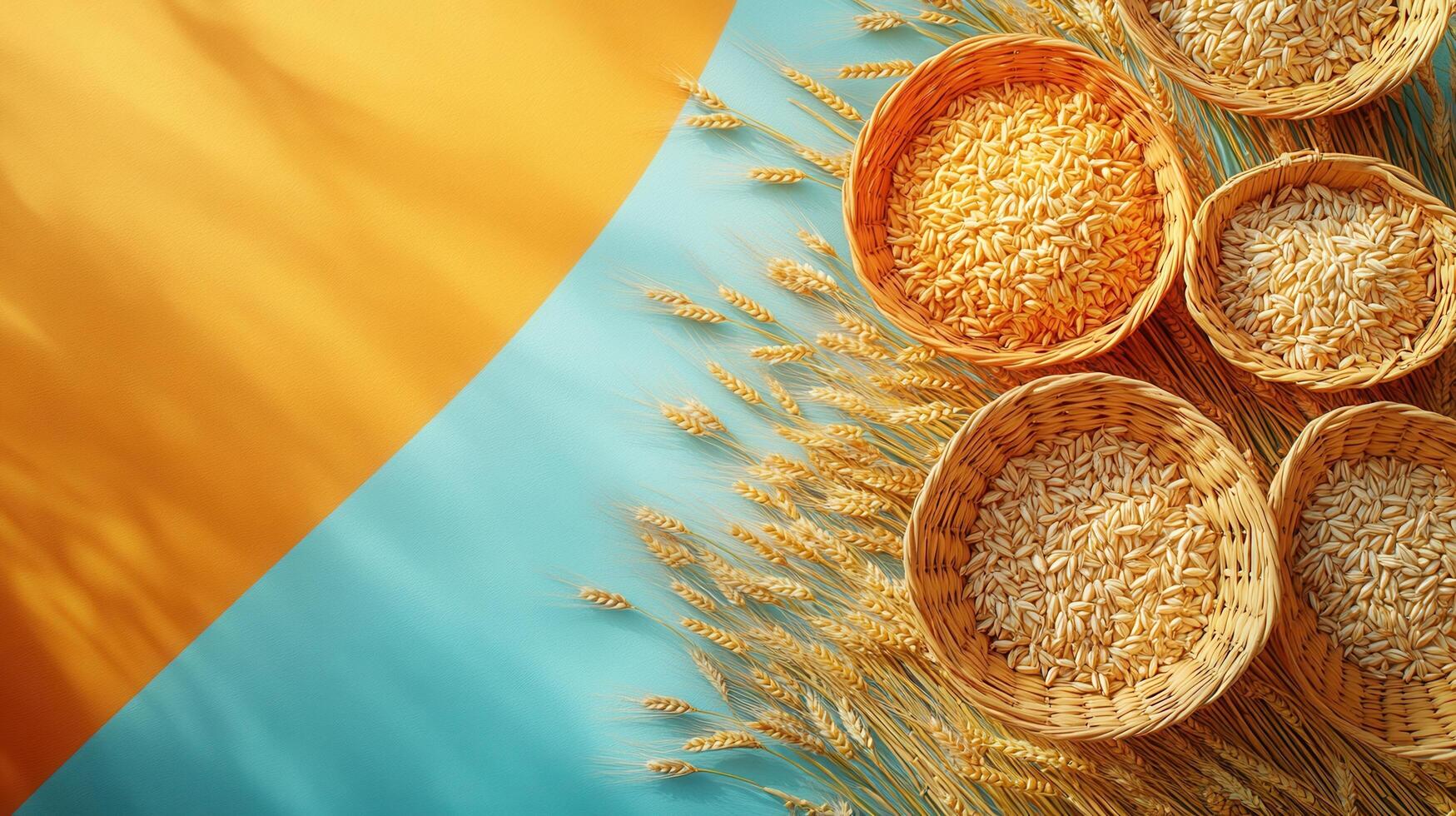 Golden Wheat and Oats in Woven Baskets on Vibrant Yellow and Blue Background photo