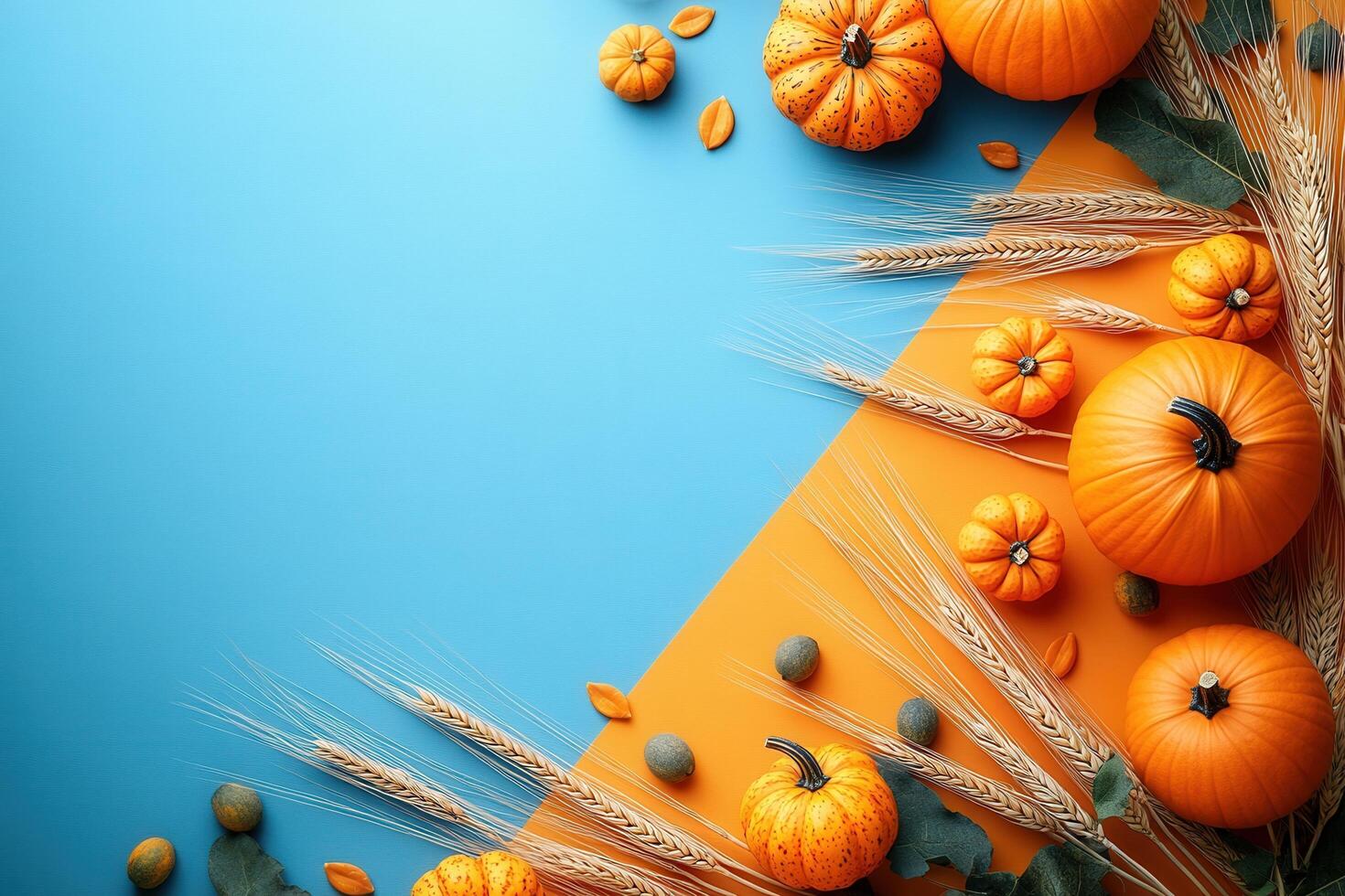 Autumn Harvest Background with Pumpkins, Wheat, and Leaves on Vibrant Blue and Orange Surface photo
