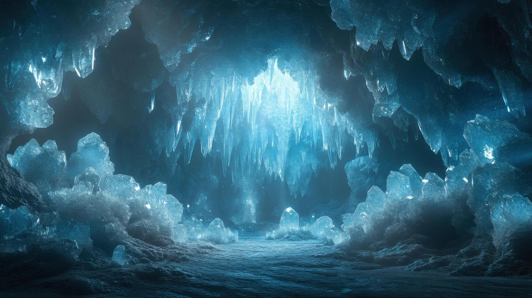 Stunning Ice Cave with Glowing Blue Crystals and Icicles in a Frozen Winter Wonderland photo