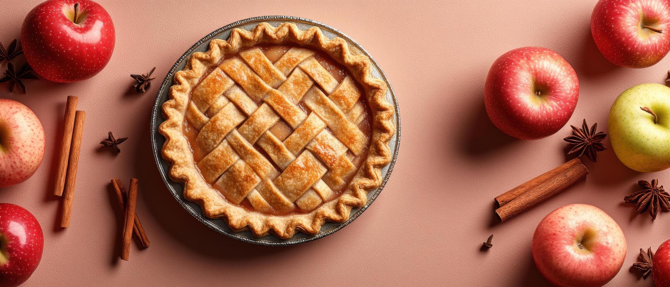 Freshly Baked Apple Pie with Lattice Crust Surrounded by Red and Green Apples, Cinnamon Sticks, and Star Anise on a Brown Background photo