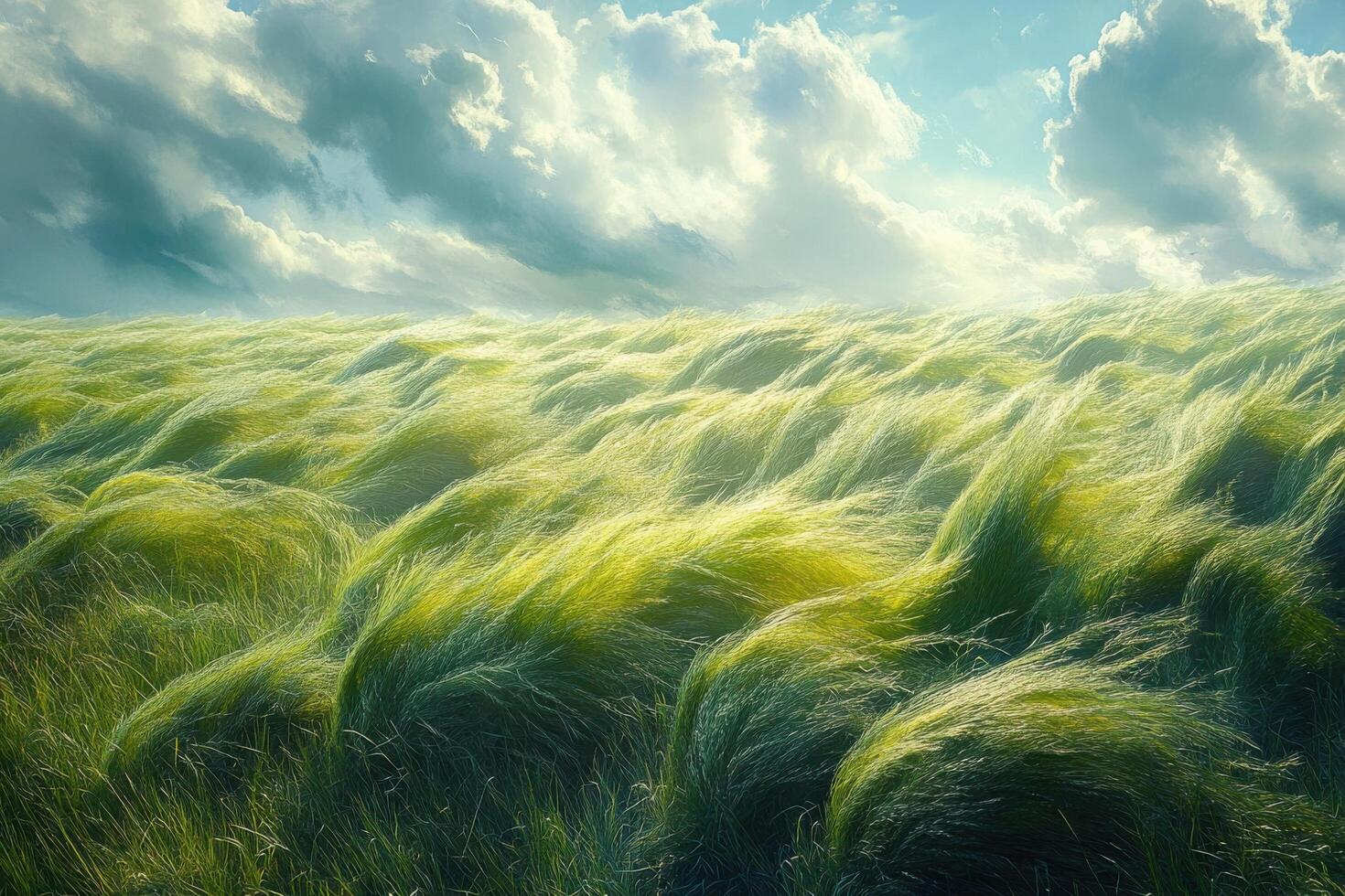 Lush Green Grass Field Under a Dramatic Sky with Rolling Clouds and Sunlight photo