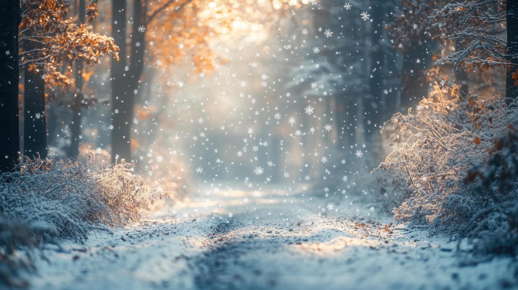 Serene Winter Forest Path with Falling Snowflakes and Golden Autumn Leaves in Morning Light photo