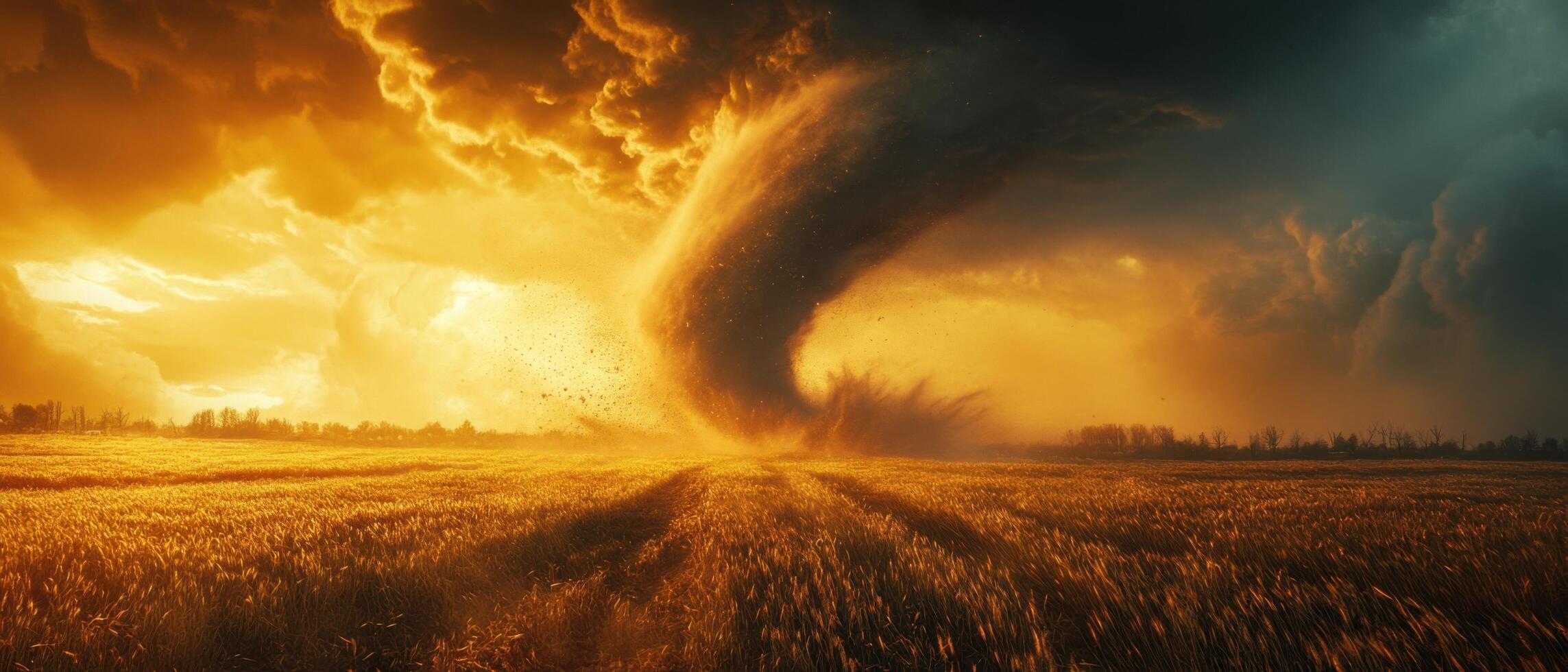 Dramatic Tornado in Golden Wheat Field Under Stormy Sky at Sunset photo