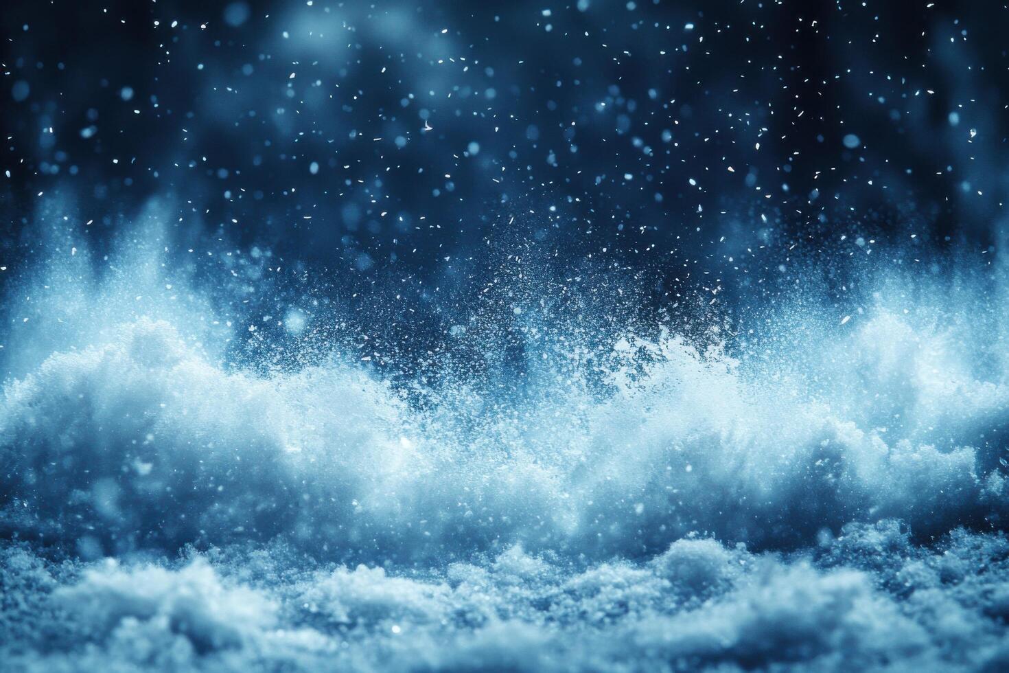 Snowfall in Winter Night with Snowflakes Falling Against a Dark Blue Background Creating a Magical and Serene Atmosphere photo