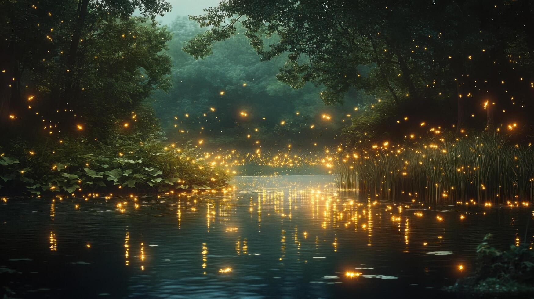 Enchanting Forest River with Glowing Fireflies at Dusk Creating a Magical and Serene Atmosphere photo