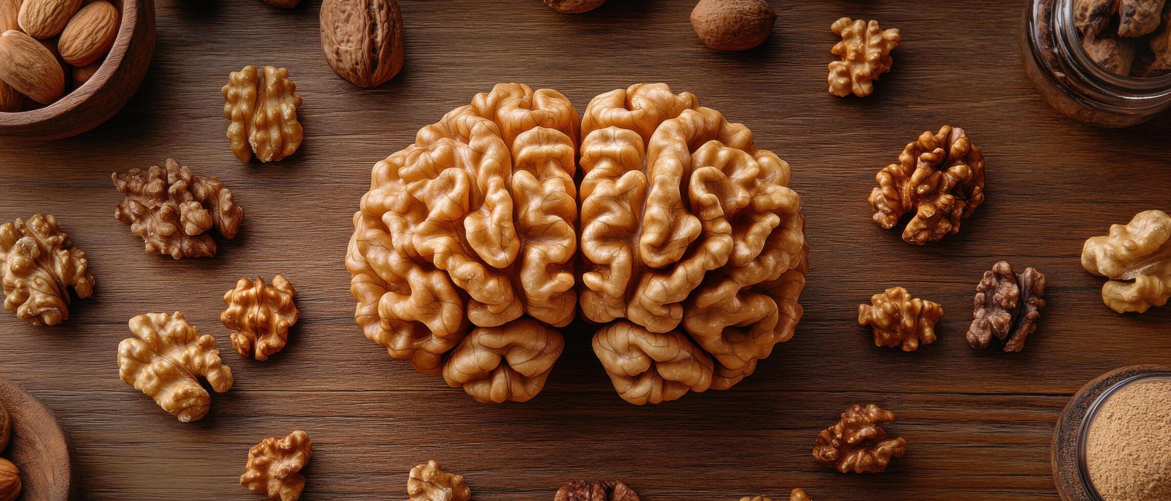 Close-Up of Walnut Kernels and Whole Nuts on Wooden Surface - Healthy Snack and Brain Food Concept photo