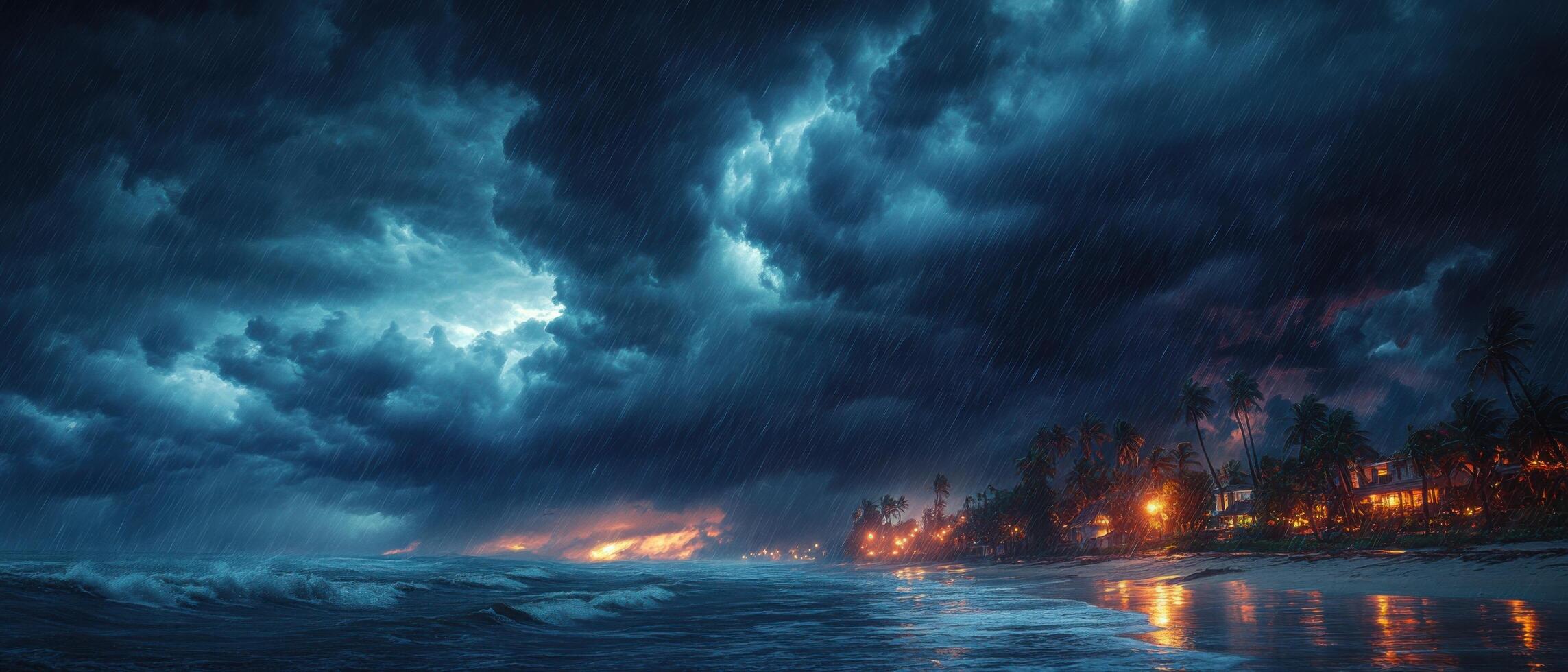 Dramatic Coastal Storm with Dark Clouds and Lightning Over Tropical Beach at Night photo
