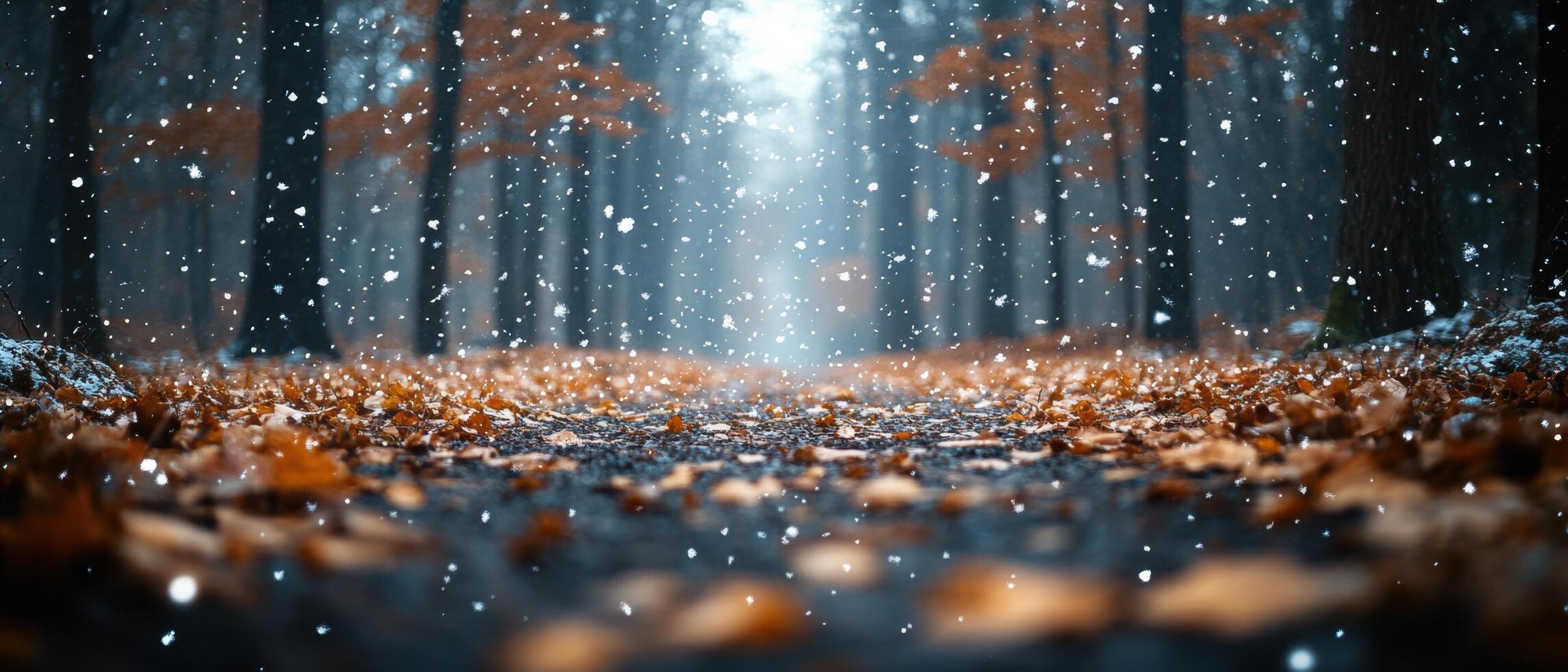 Enchanting Winter Forest Path with Falling Snow and Autumn Leaves photo