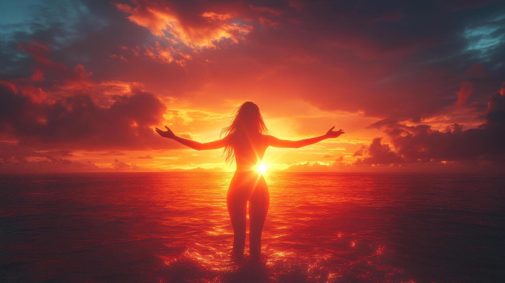Woman Embracing Sunset in Ocean, Silhouette Against Vibrant Sky, Peaceful and Serene Moment Captured in Nature photo