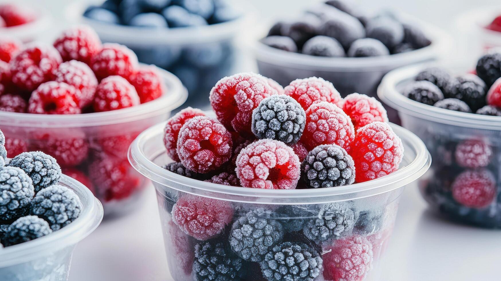 Frozen Fresh Berries in Plastic Containers for Long-Term Storage and Preservation of Fruits photo