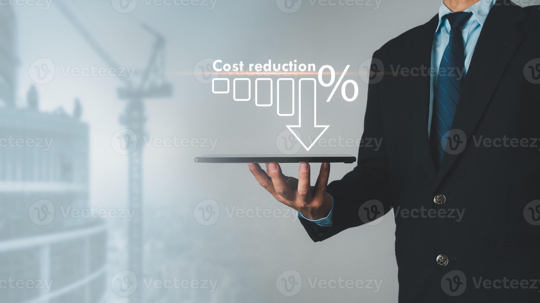 Businessman show Cost reduction graph with down arrow on virtual screen. Cost reduction business finance concept. Budget management and cost management, Optimization, Strategy, Economic cost savings photo