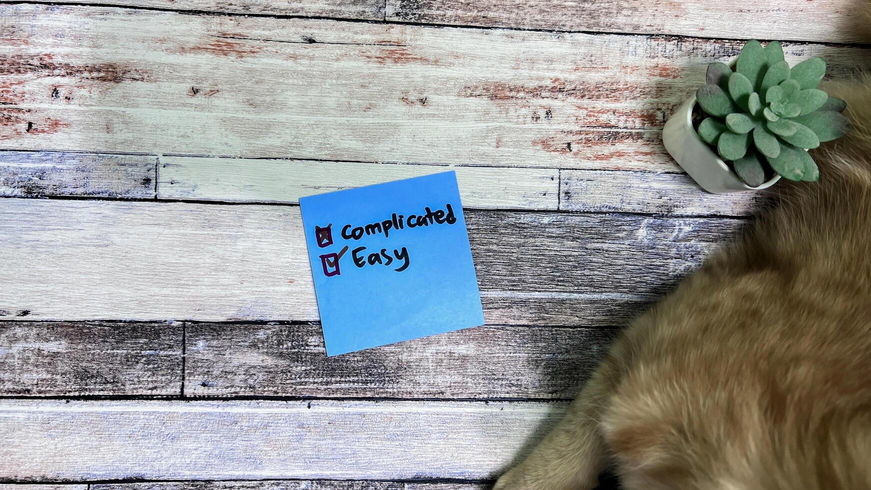 Concept of Easy or Complicated write on sticky notes isolated on Wooden Table. photo