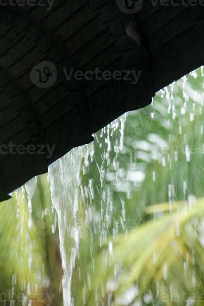 Rainwater falling from the roof during heavy rain during the rainy season in Indonesia photo
