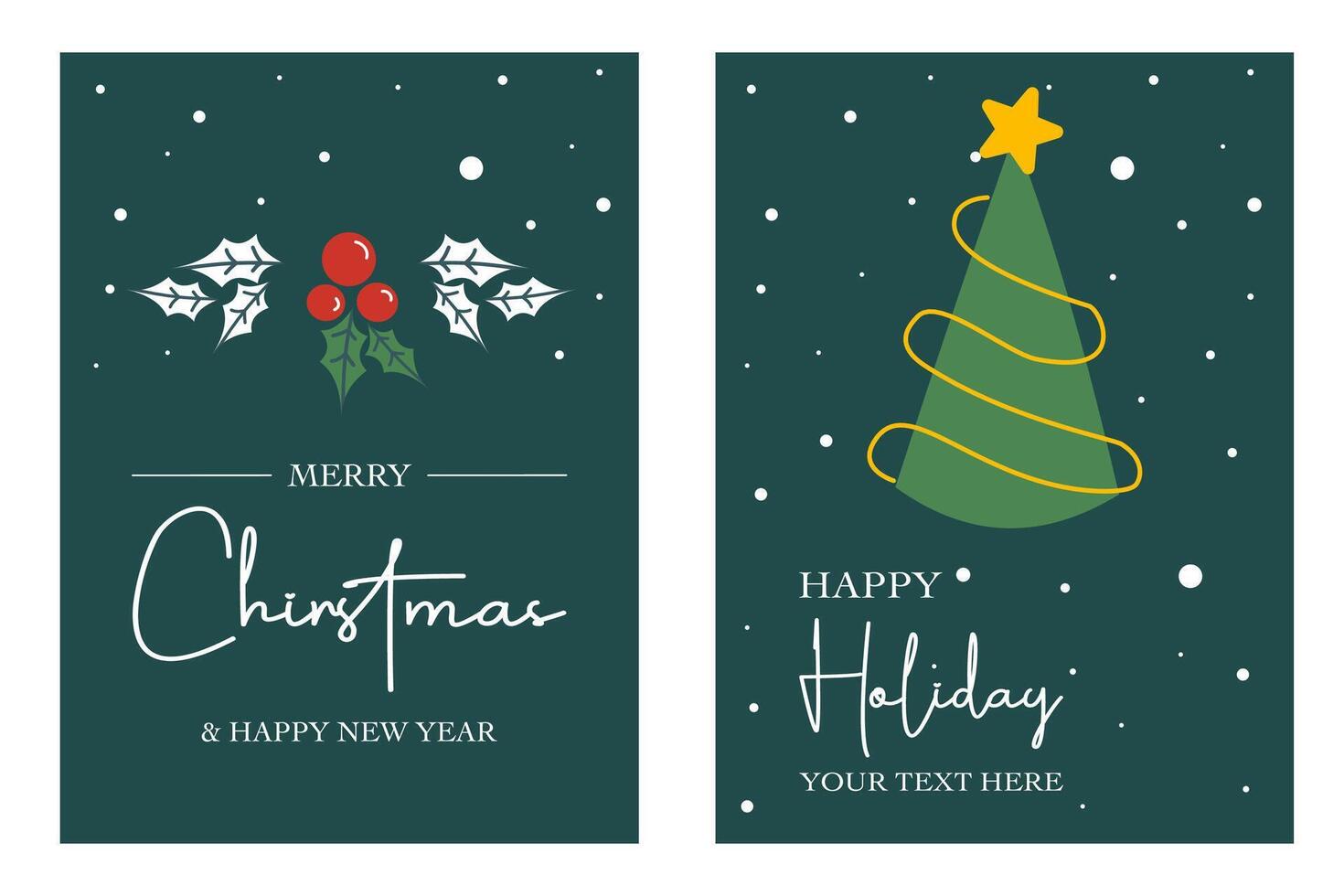 Merry Christmas, Happy New Year, holiday greeting card Set. Modern Xmas design with typography, beautiful Christmas tree, and snow pattern. Minimal art banner, poster, cover templates vector
