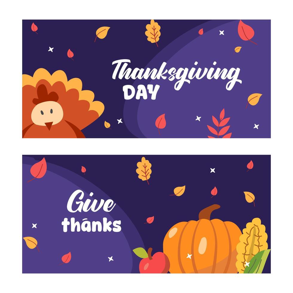 Abstract horizontal Happy Thanksgiving banner template. Trendy background with autumnal leaves, pumpkin and geometric shapes. border with copy space for text in flat style. vector