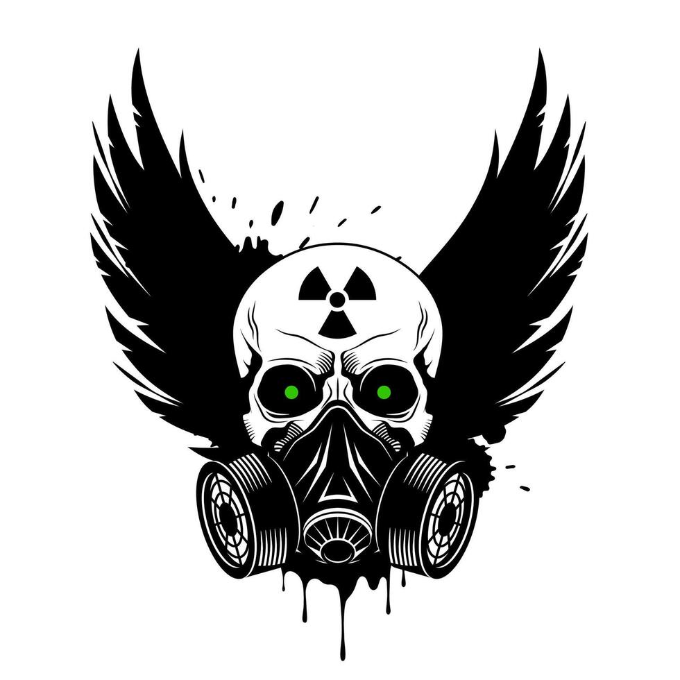 Skull with gas mask, crown wings, radiation sign and glowing eyes vector