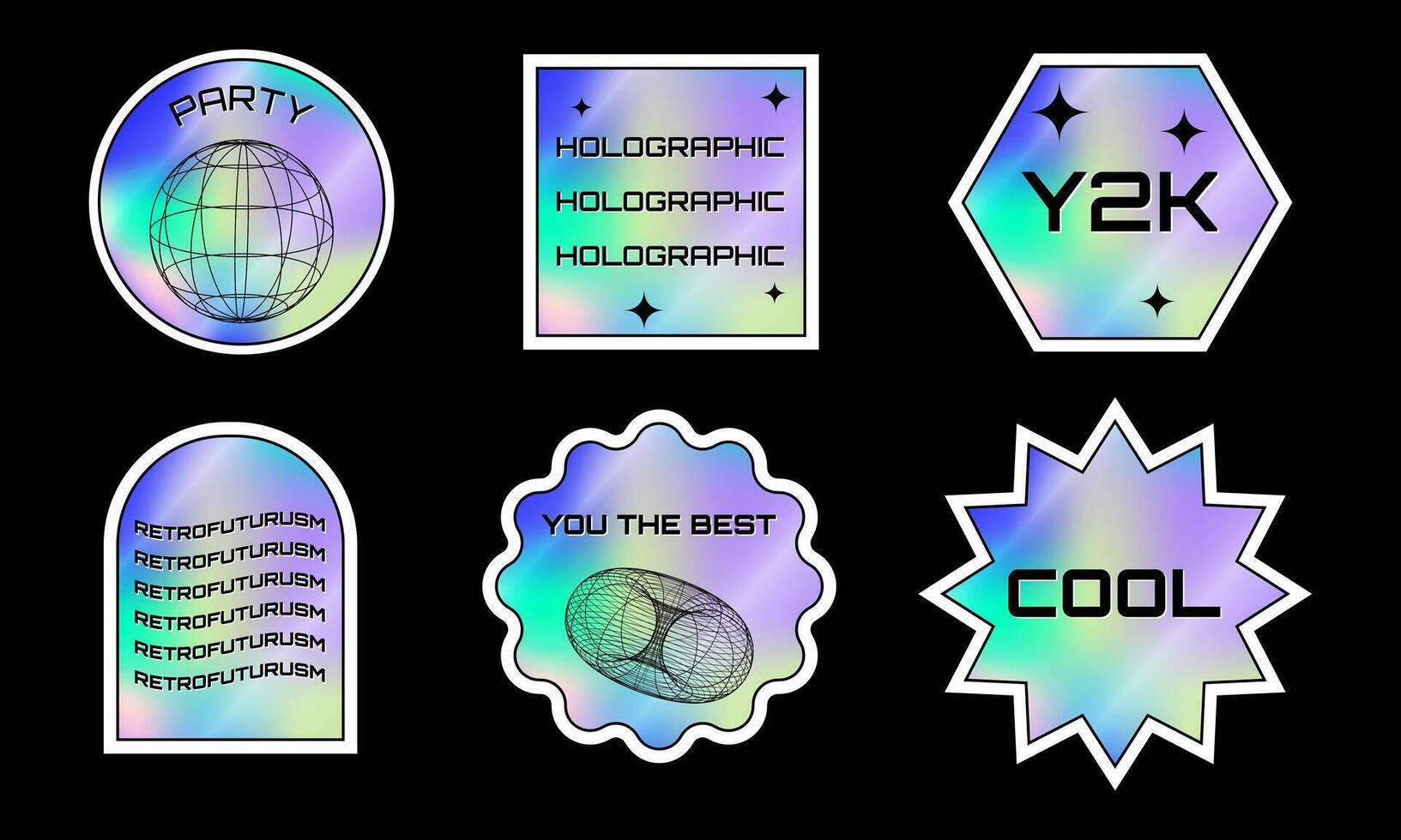 set of shiny y2k holographic stickers vector