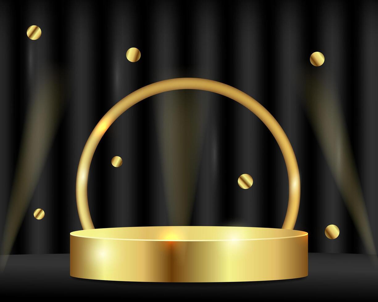 uxury golden round podium for product, pedestal on black floor against the backdrop of smooth satin black curtains. vector