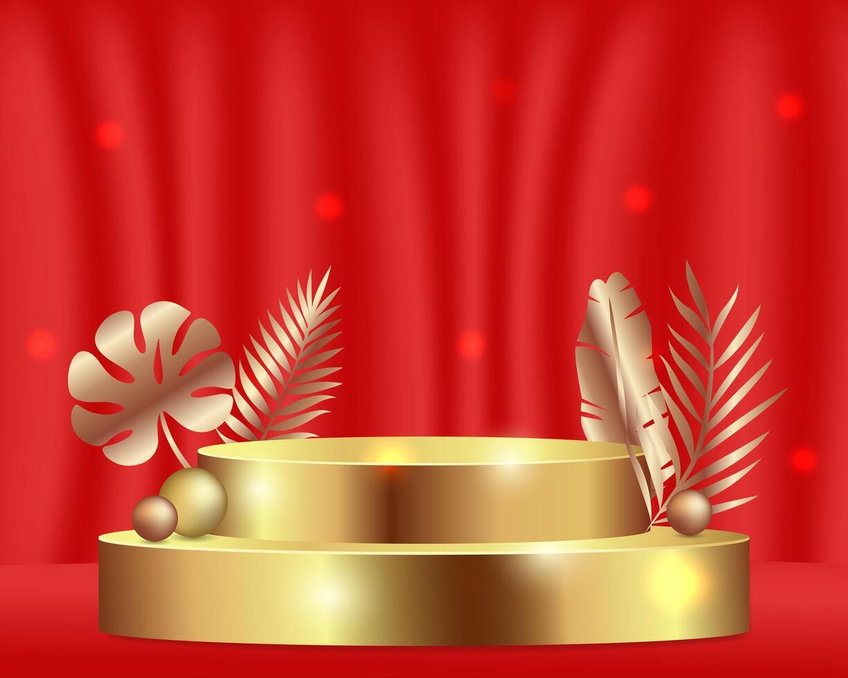 a pedestal with gold leaves on a red floor against a background of smooth satin red curtains, a luxurious golden round podium for the product vector