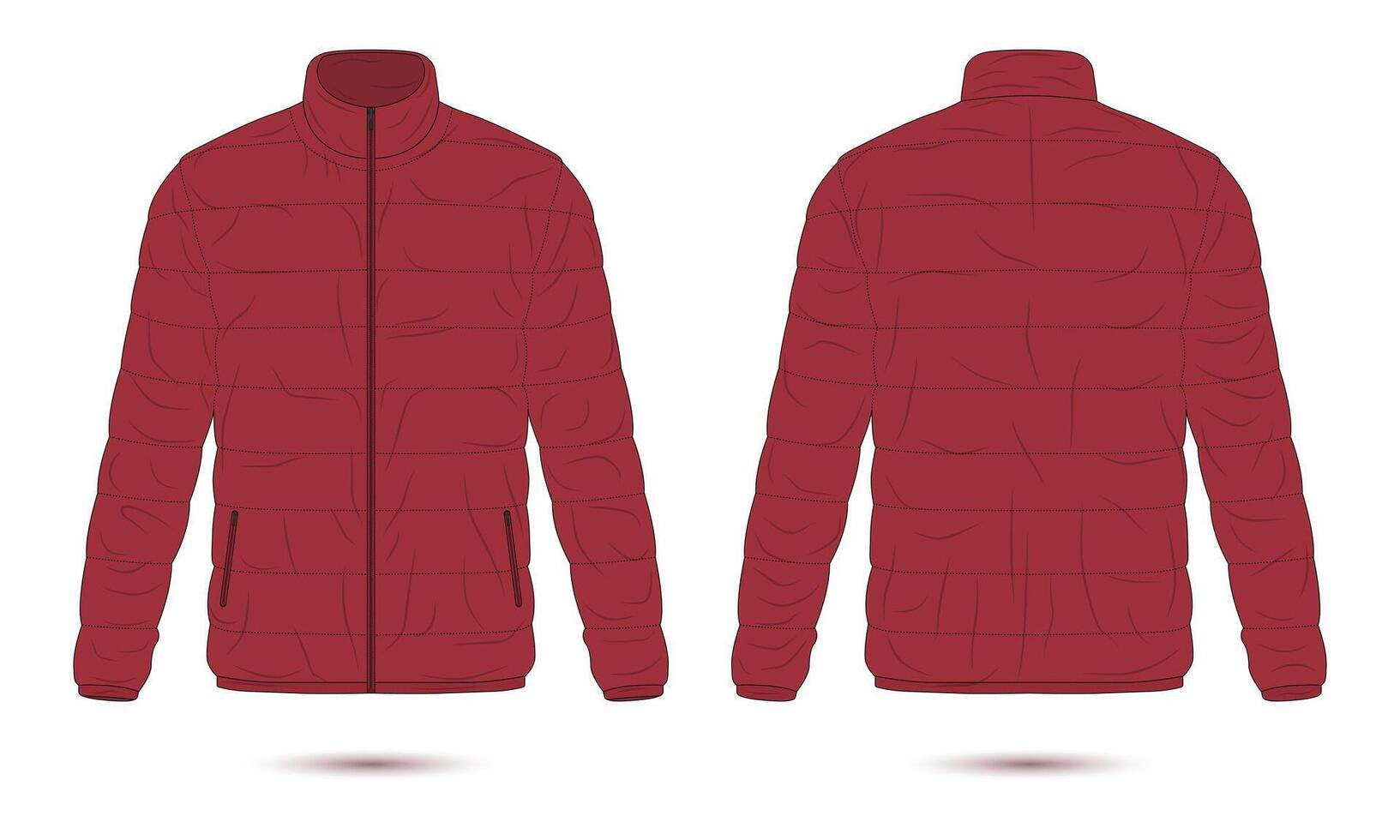 Red puffer jacket mockup front and back view vector
