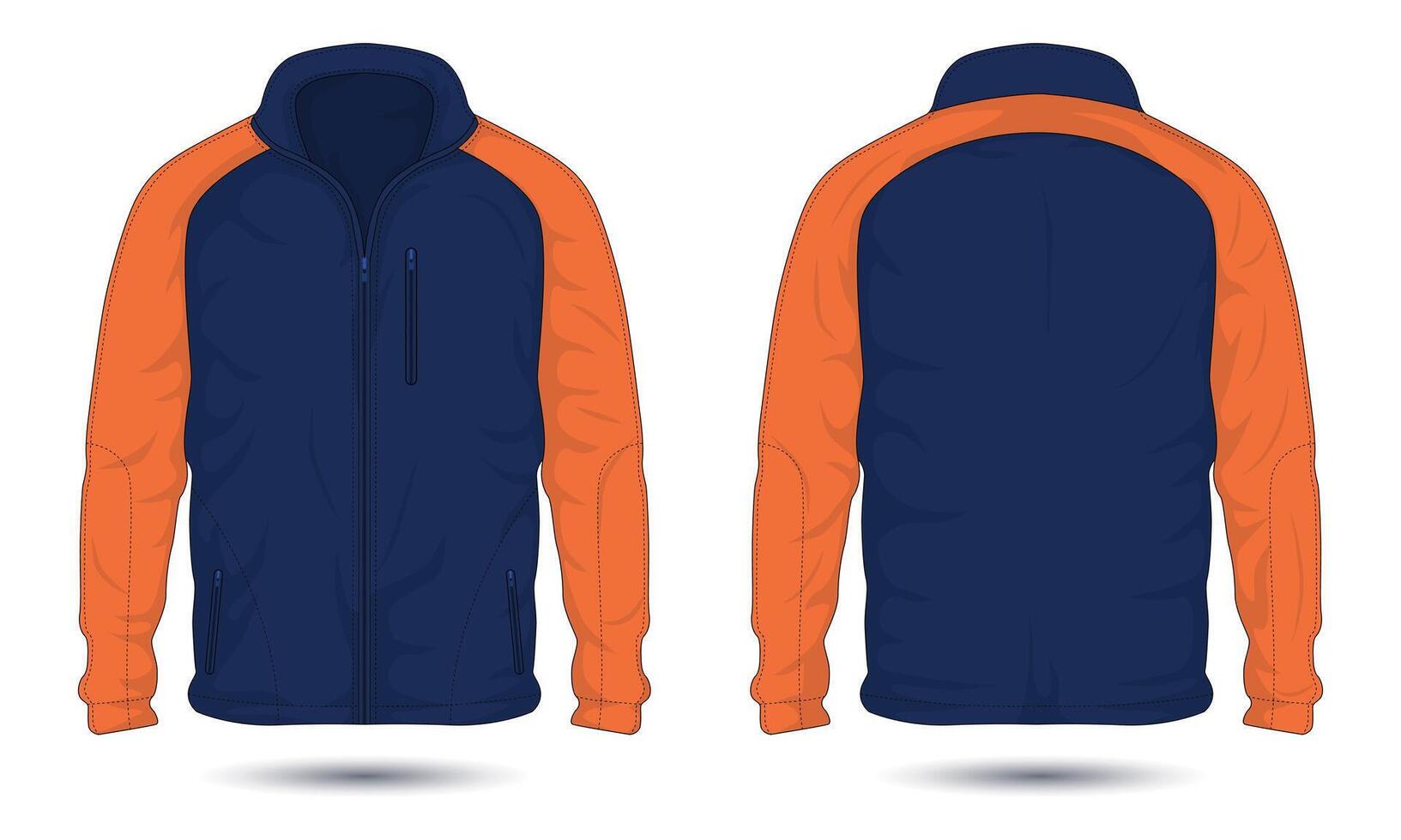 Blue and orange zipper sports jacket mockup front and back view vector