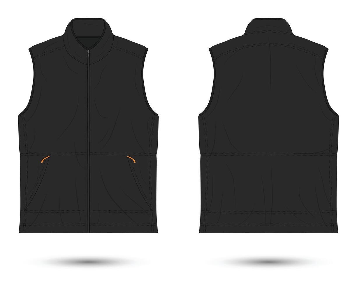 Modern black vest mockup with zipper front and back view vector