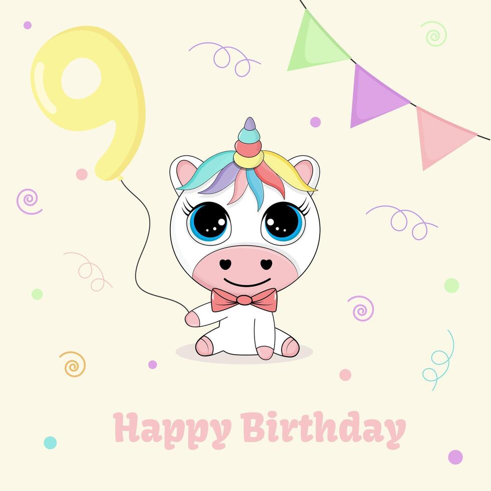 Children cute greeting card with unicorn. Magic animal kids birthday party invitation vector