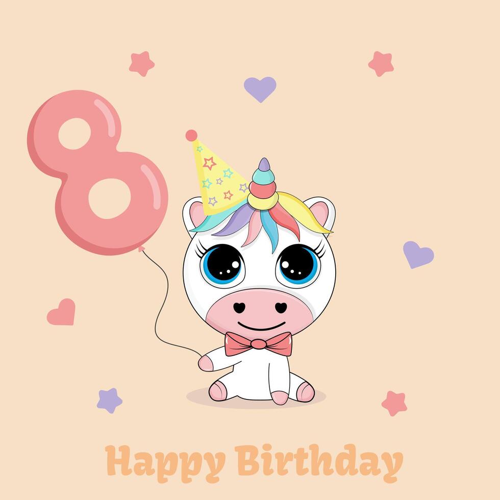 Children's cute greeting card with unicorn and balloon in the shape of the number 8. Kids birthday party invitation concept. vector