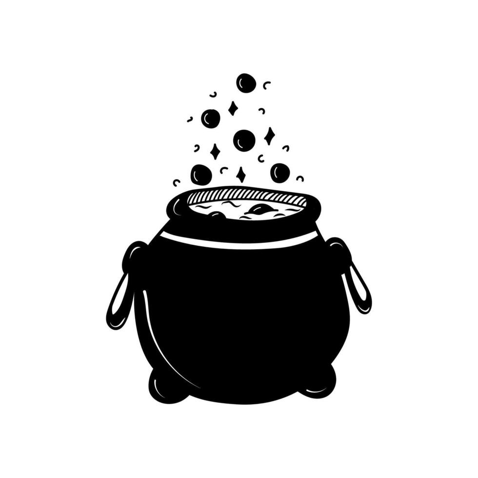 Silhouette of a Black witch's cauldron with boiling Halloween potion on a white background. For stickers, signage, postcards, backgrounds vector