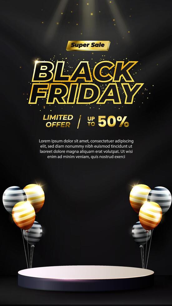 Vertical Black Friday Sale concept with a stage podium designed for showcasing products with balloons and dynamic light effects vector