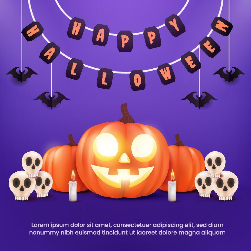 Halloween background showcasing pumpkins, hanging bats, and decorative flags, creating a fun and festive atmosphere for the holiday celebration vector