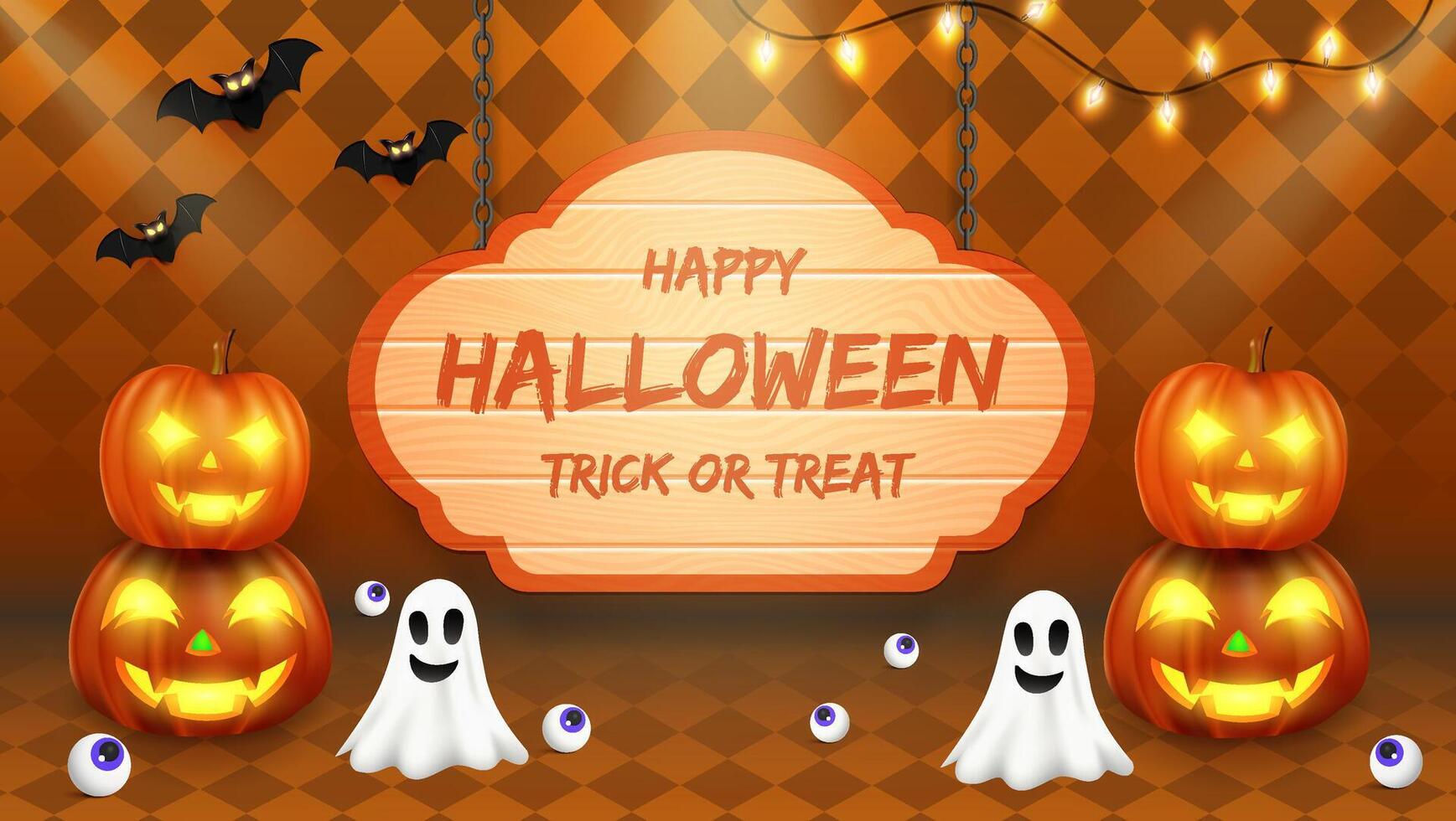 Halloween greeting card background that includes cheerful pumpkins, playful bats, vibrant flags, and a radiant fiesta lamp, perfect for celebrating the spooky season vector