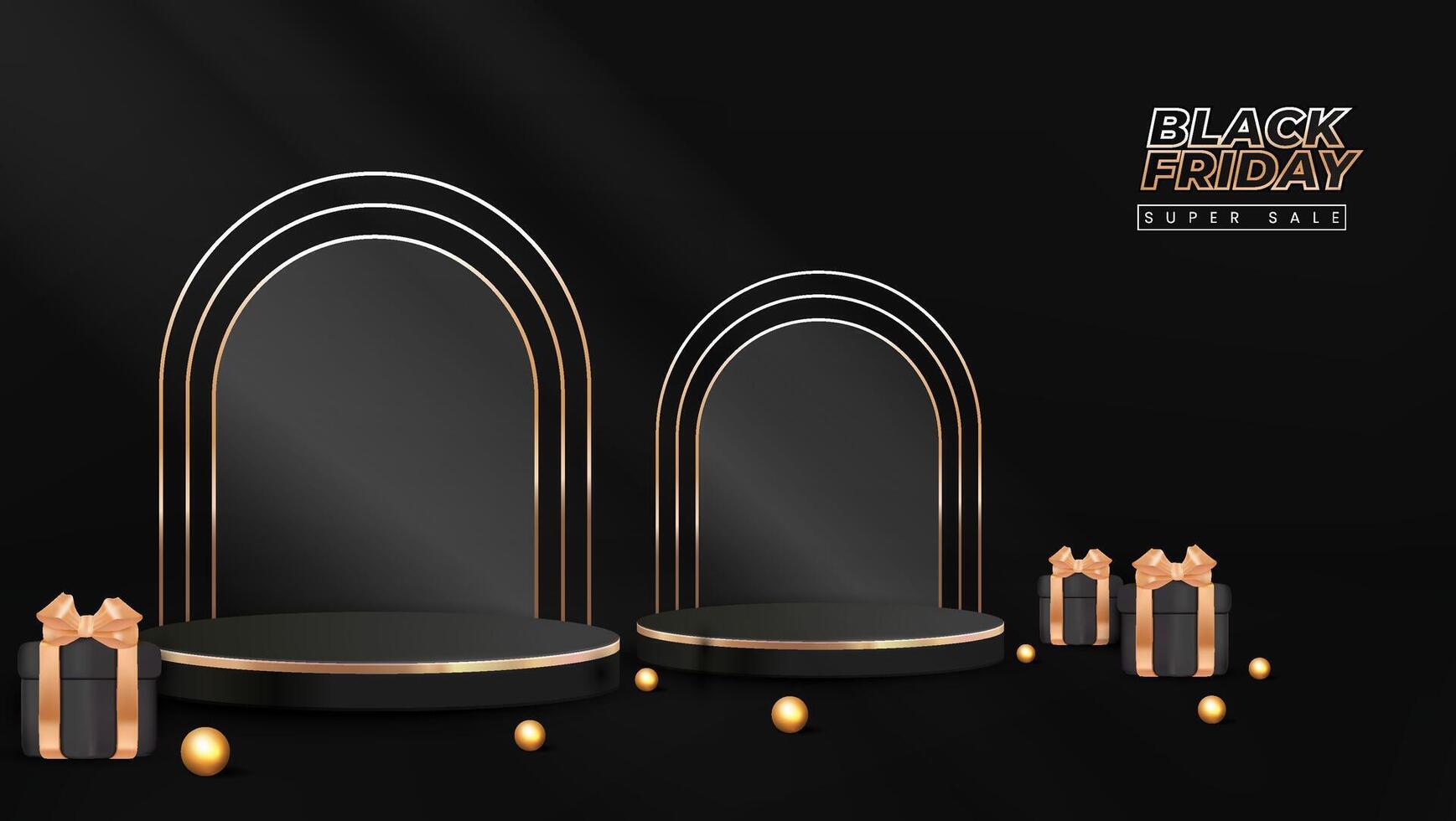 Black Friday Sale concept with a stage podium designed for showcasing products with gift box elements, complemented by a modern backdrop that includes balloons vector