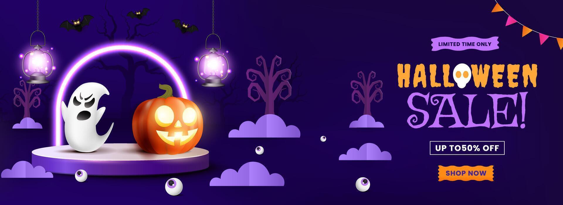 Halloween sale banner background featuring vibrant pumpkins, a spooky lantern, fluttering bats, festive flags, and a shimmering fiesta lamp. vector