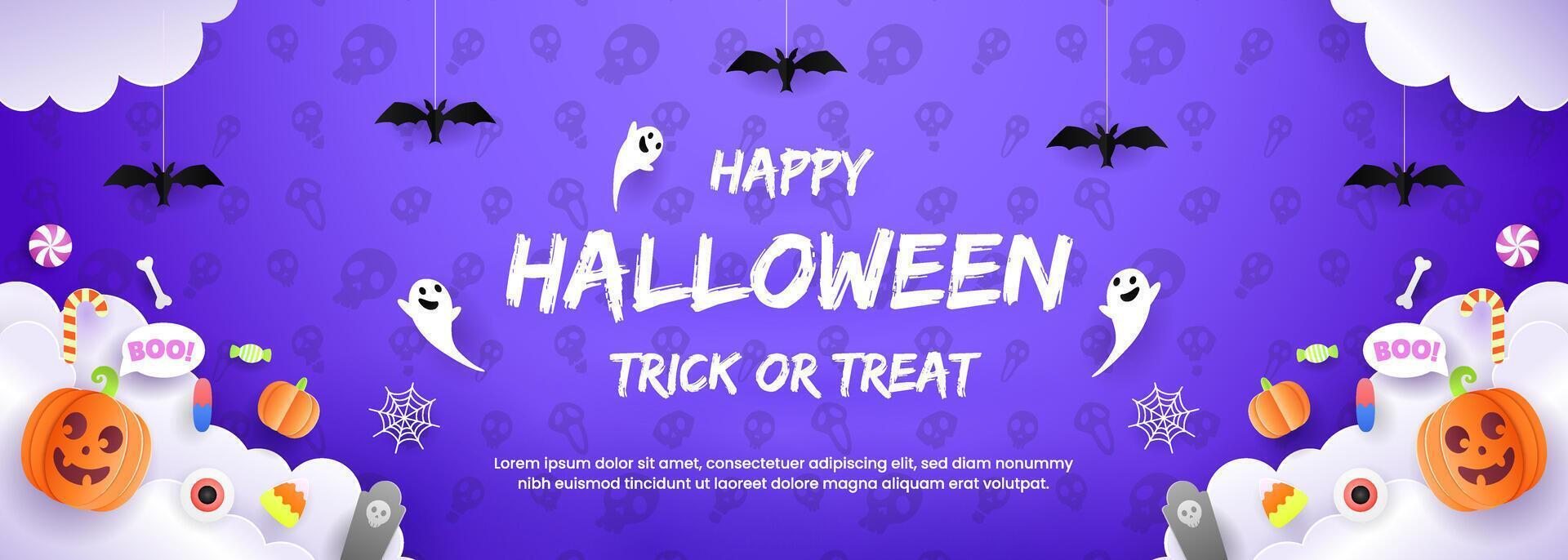 cheerful Halloween greeting card featuring a delightful mix of pumpkins, creepy spiders, fluttering bats, festive flags, and colorful candy, designed to spread holiday. vector